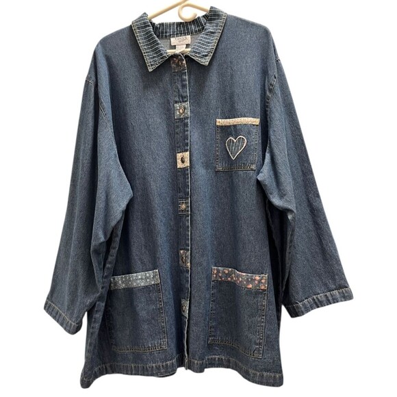 VTG 90s Teddi Light Blue Denim Chore Jacket Emboidered Applique Patchwork Sz 2X - Picture 3 of 16